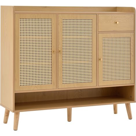 Meuble à chaussures en rotin naturel, armoire à chaussures, étagère à chaussures avec 3 portes, 1 tiroir et 5 étagères, pour l'entrée. Poignées métalliques et pieds en bois massif. Dimensions: B120/H1 (1/5)