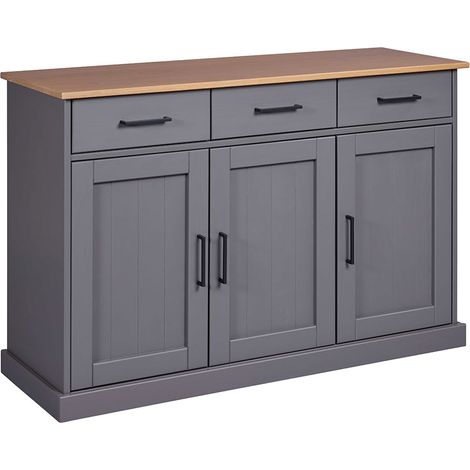 Buffet 3 portes 3 tiroirs 131x45x86 cm en pin massif gris - TERA (1/5)