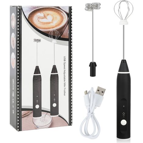 Fouet Électrique Rechargeable USB Mousseur à Lait 3 Vitesses Fouets Inox Acier pour Cappuccino Œufs Crème Noir Portable (1/5)