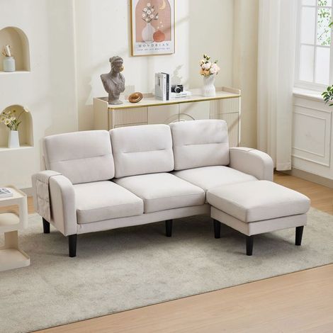Canapé D’Angle 204x135x80cm 3 Places Tissu Beige Méridienne Réversible - Canapé Modulable - Poches Rangement Coussins Déhoussables (1/5)