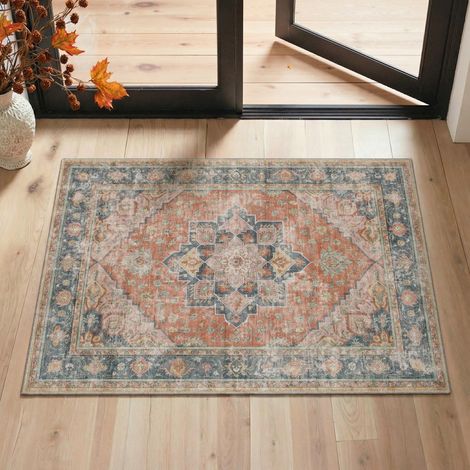 Tapis Entree Interieur Vintage 60x90cm Lavable en Machine AntidéRapant Poil Ras, pour Chambre Salle a Manger Descente de Lit Bureau, Cuisine, Rouge Chaud Rétro (1/5)