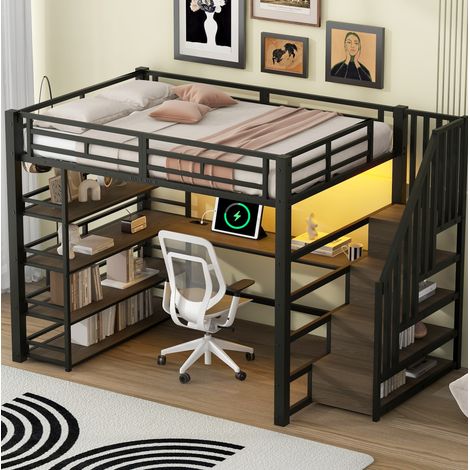Cama alta de metal negra 140x200 cm con escritorio, almacenaje y LED