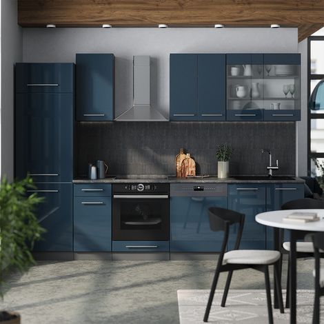 Cuisine Fame-Line, Bleu foncé brillant/Anthracite, 300 cm , PT Marbre, Vicco