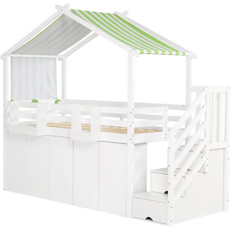 Lit superposé, lit enfant, avec barrière antichute, 1 armoire et 2 casiers, avec 3 casiers dans l’escalier, tissu rayé, pin + MDF + contreplaqué, blanc + vert, 90x200cm (1/5)