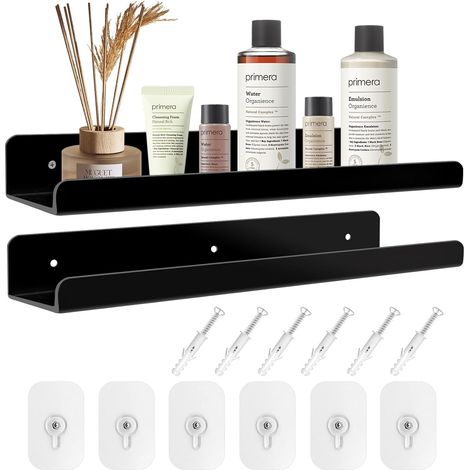 Lot de 2 étagères murales, 30 x 10 x 4 cm, en acrylique, transparentes, sans perçage, pour chambre à coucher, chambre d'enfant, salon, salle de bain, cuisine, rangement et organisation (Black) (1/5)