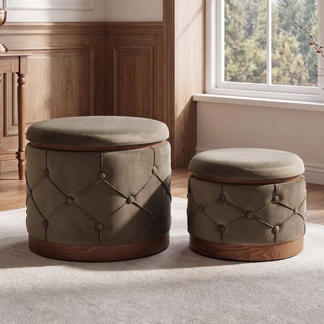 Wahson Lot de 2 Pouf de Rangement en Velours Tabouret de Coiffeuse, Ottomans de Salon Repose-Pieds Rond Rangement Couvercle Amovible Base en Lattes Bois 42.5 cm et 32.5 cm pour Chambre Entrée, Gris