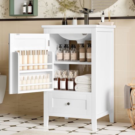 Meuble de salle de bain avec vasque en céramique Blanc,meuble sous vasque,avec 1 porte et 1 tiroir,51 x 46 x 85 cm,MDF (1/5)