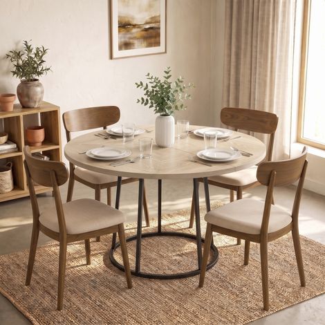 Table à Manger Ronde pour 4 à 6 Personnes, Ø 120 x 75 cm, Table de Cuisine avec Piétement Conique en Métal, Bois Naturel (1/5)