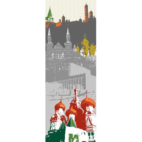 Papier peint panoramique Moscou multicolore | Tapisserie panoramique grise urbaine pour chambre | Papier peint panoramique ville pour escalier - 280 x 100 cm (1 pièce) (1/2)