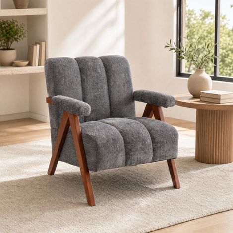 Fauteuil 77x68x77 cm en bois et tissu bouclé gris, confortable pour salon moderne FloraGrace (1/5)