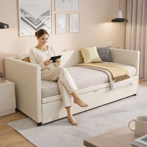Canapé convertible 2 places 90/180x200 cm, lit gigogne lit de jour convertible, cadre métallique, sommier à lattes, velours beige capitonné extensible