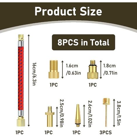 8 Pièces Embout Pompe Vélo, Adaptateur Valve Vélo Kit avec Rallonge Valve 16cm, Adaptateurs Presta Schrader Dunlop, Aiguille Gonflage Ballons, pour Matelas Gonflables Trottinette Accessoires Sportifs (1/5)