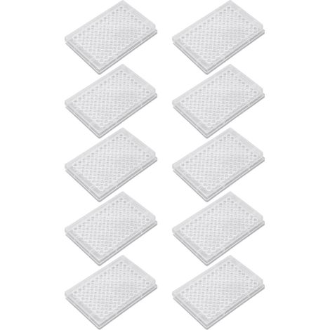 Packung mit 10 transparenten Polystyrol-Zellkulturplatten mit 96 Vertiefungen, Kunststoffdeckel und U-förmigem Boden, für Labor und Biologieraum. (1/5)