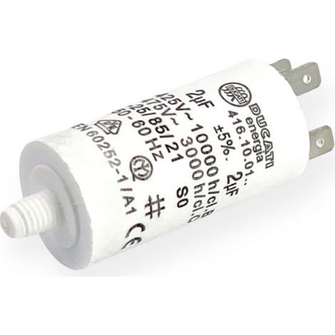 Ducati Energia – Condensateur permanent 2µF à cosses Faston 6.3mm – Ø28x55mm – 10.000 heures de durée de vie – Homologué VDE EN60252-1
