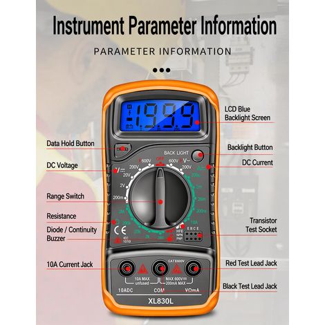 Multimètre numérique XL830L rouge, écran LCD rétro‑éclairé bleu, test tension courant résistance, outil dépannage électrique (1/5)