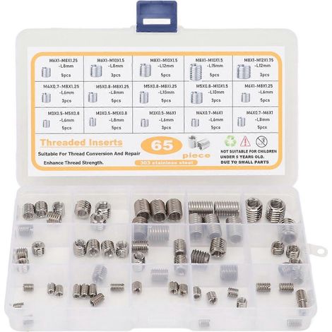 Assortiment de 65 pièces comprenant des inserts filetés, des manchons de réparation de filetage et des écrous réducteurs en acier inoxydable 303 (1/4)