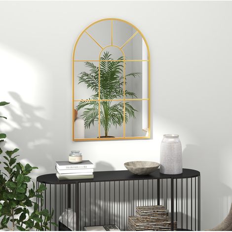 Miroir mural décoratif style fenêtre 91 x 60 cm, cadre métal doré arrondi, pour salon, chambre ou entrée, à fixer au mur sans encombrer l'espace - CHICFURN (1/5)