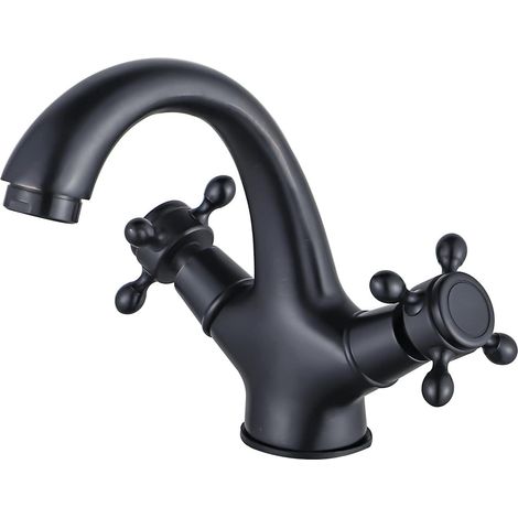 Robinet de salle de bain rétro en laiton noir à double poignée (1/5)