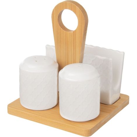 Salero y pimentero de porcelana con soporte WHITELINE 3 piezas. (1/5)