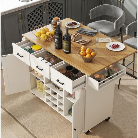 Carrello da cucina 104x39.5x91.5 cm bianco in MDF con piano pieghevole, portabottiglie, portaspezie e ruote (1/5)