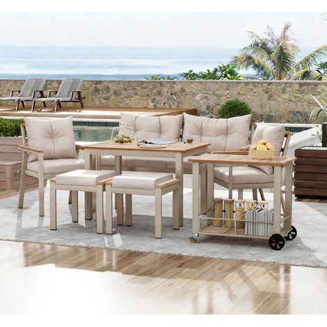 Salon de jardin 7 pièces 6 à 7 places avec table chariot amovible -canapé 2 places-2 fauteuils-2 poufs Acacia Métal-Beige et Naturel (1/5)