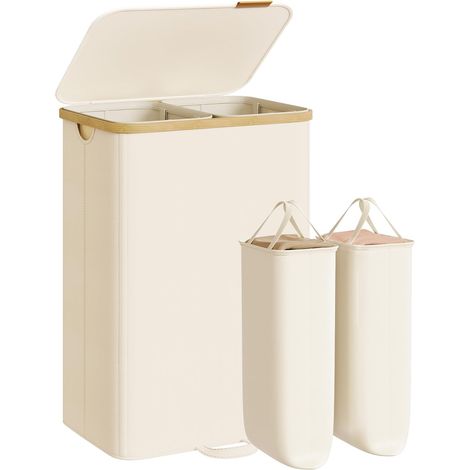 Cesto portabiancheria con coperchio, contenitore per vestiti sporchi, sacchi rimovibili, struttura in bambù, per lavanderia, camera da letto, 2 scomparti, 150 litri, bianco crema LCB532WD01 (1/5)