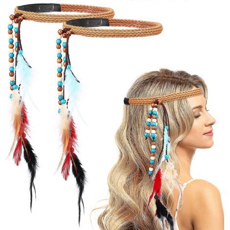 Lot de 2 bandeaux tressés à plumes et pompons, style bohème, accessoire de coiffure pour fêtes et cosplay. (1/5)