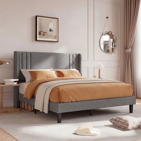 Lit 140x200 cm, Cadre de Lit Rembourré avec Tête de Lit, Structure Métal et Lattes en Bois, Lit Adulte Moderne pour Chambre, Gris - Lin (1/4)