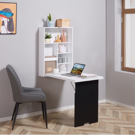 Escritorio mural plegable 60x94,5x147 cm MDF negro y blanco, 5 nichos – MEUBLIV (1/5)