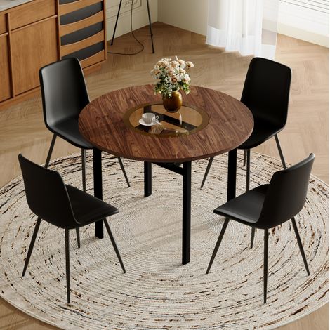 Set tavolo e sedie rotondo 100 cm, 4 sedie PU nero, finitura legno HAVRYA (1/5)