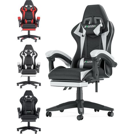 Fauteuil gamer ergonomique - Rattantree Chaise de bureau - Avec appui-tête, Support lombaire et Repose-pieds - Hauteur Réglable - Noir et Blanc