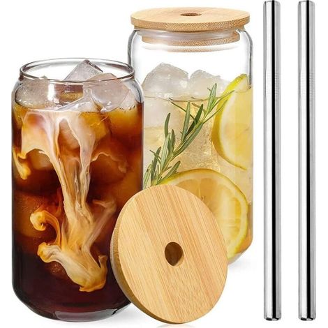 Lot de 2 gobelets en verre transparent en forme de pot avec couvercle en bambou et paille en acier inoxydable pour 500 ml (1/5)