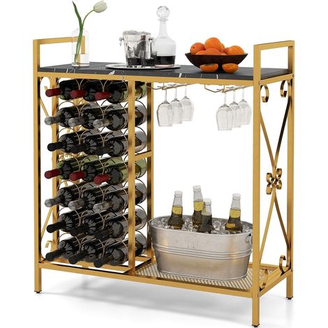 GOPLUS Étagère à Vin avec Casier à Vin 21 Bouteilles, 2 Porte-Verres pour 6 Verres, Table de Bar à Vin Style Industriel Grand Plateau pour Salle à Manger, Cave, 93x38x102cm (Jaune) (1/5)
