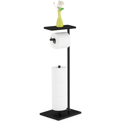 Toilet Paper Holder for Bathroom, Toilet Roll Holder with Top Shelf Free Standing Toilet Paper Dispenser Holds 4 Rolls, Stainless Steel Pipes and Wooden Board, Black (1/5)