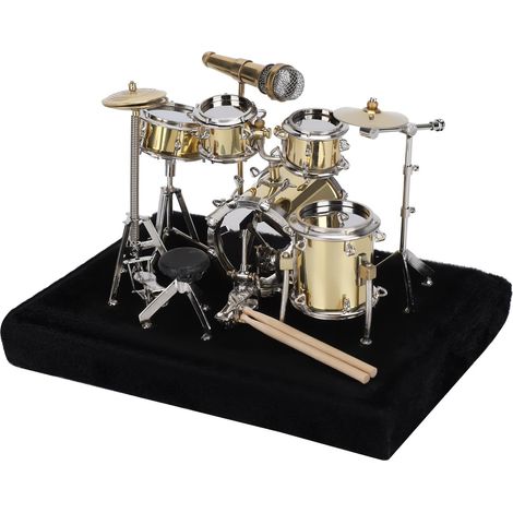 Mini batería en miniatura con tapa transparente, instrumento musical decorativo de escritorio, ideal para cumpleaños, graduaciones o como pieza decorativa de metal para el hogar.