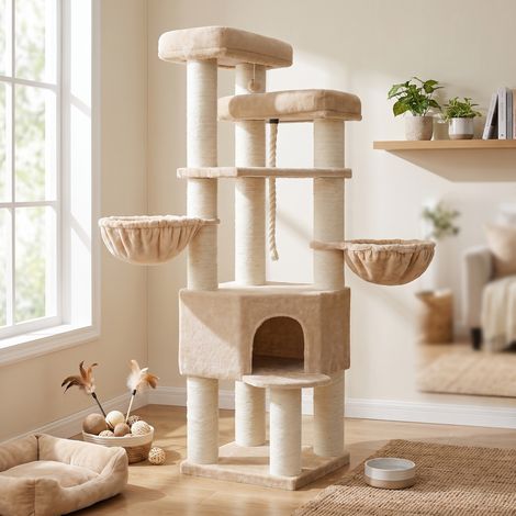 Arbre à Chat Géant 5 Niveaux, Poteaux en Sisal, 55 x 55 x 186,7 cm, Beige (1/5)