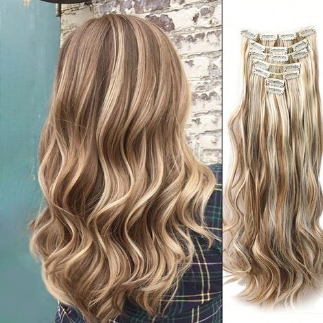 Perruque Cheveux Extensions Ondulés Blond Platine 18 Pouces 4 Pièces Synthétiques Doux et Fluffy Non Emmelés pour Femme Set Complet Invisible Clip In (1/5)