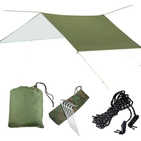 Tente d'abri solaire imperméable 3 m x 3 m, bâche anti-UV, tente de plage, ombrage, hamac de camping en plein air, pare-pluie, auvent de camping, haubans et piquets inclus pour la randonnée, le sac à (1/5)