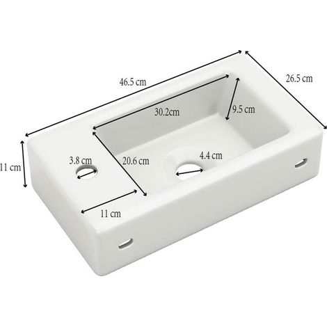 Lavabo suspendu avec meuble vasque 46 cm, petit meuble de salle d'eau pour invités, rangement mural compact, bois massif, finition blanche, lot de 2 portes, idéal petite salle de bain. (1/5)