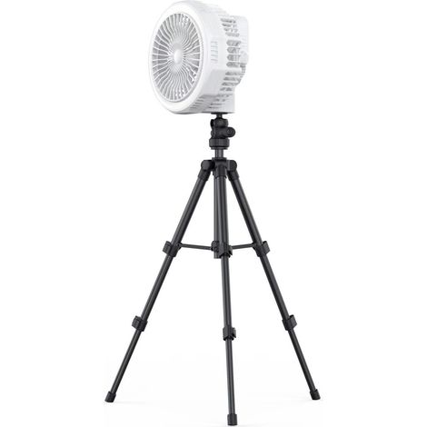 Ventilateur trépied pliable 3 en 1 : table, plafond et sur pied. 4 vitesses de ventilation, 3 niveaux d'intensité lumineuse, batterie intégrée de 10 000 mAh et support inclus.
