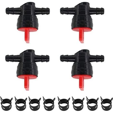 Satz mit 4 Kraftstoffabsperrventilen inklusive Schlauchschelle. Kompatibel mit Toro-Modellen 494768, 698183, 493960, 1-603770 und 54-3150.