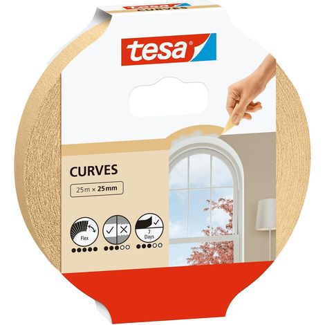 Ruban de Masquage Spécial COURBES - Ruban Adhésif avec Crêpage Extra Fort pour Masquer les Courbes et les Formes Irrégulières - Surfaces Rugueuses et Lisses - 25 m x 25 mm (1/5)