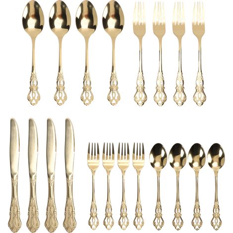 Set Couverts Argent Gorgeous pour 4 Inox Vaisselle Cuisine Ustensiles – Inclus Cuillères Fourchettes Poli Miroir Lave-Vaisselle, Doré (1/5)