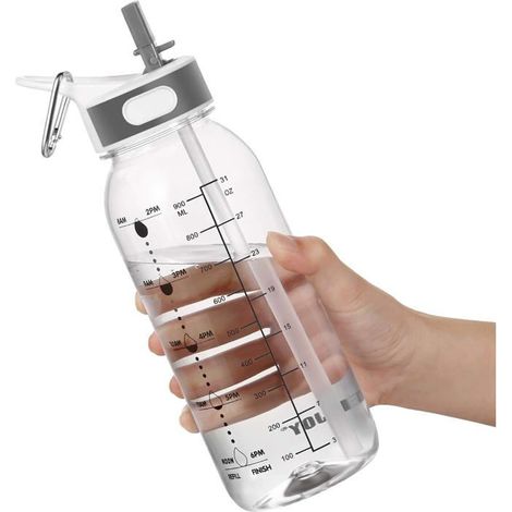 BelleRise - Bouteille d'eau de 1 litre avec paille et poignée, sans BPA, avec graduations bureau ou à la salle de sport. Matière : Tritan. (1/5)