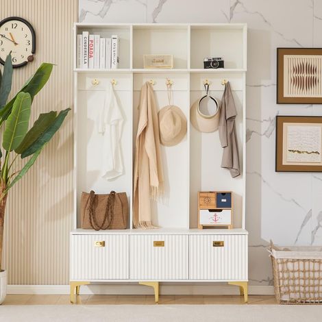 Ensemble armoire avec banc, banc de rangement multifonctionnel, rangement ouvert, 6 crochets et pieds dorés, convient pour une entrée ou un salon, blanc, L 120/P 40/H 191,5 cm (1/5)