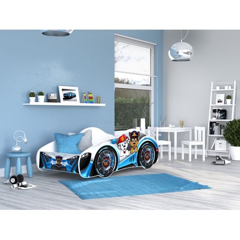 Lit enfant voiture 70x140 cm – Panneaux MDF stratifiés – Barrière de sécurité incluse – Matelas en mousse 7 cm – Sommiers FLEX – Kids Literie