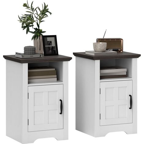 Tables de chevet rustiques blanc et marron avec porte et étagère style grange, 40x35x60 cm, charme campagne (1/5)