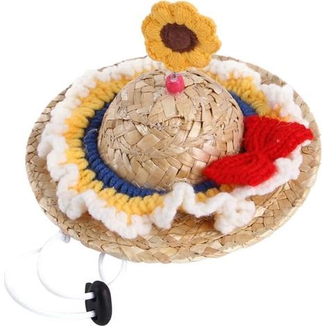 Chapeau de paille blanc pour animaux de compagnie, costume pour chien avec cordon de serrage en tricot ajustable (1/5)