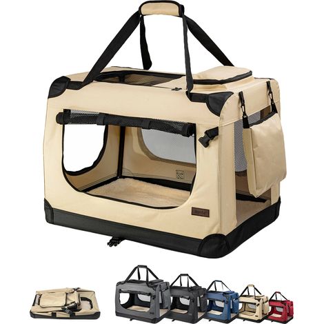 lionto Stoff-Katzentransportbox faltbar, belüftete Transportbox mit Reißverschluss-Zugängen & weichem Innenkissen, 50x34x36 cm, beige