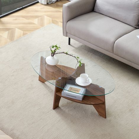 Table basse ovale en verre trempé – 104,9 x 60 cm, piètement en noyer, tiroirs obliques et étagère de rangement. Idéale pour salle à manger. (1/5)